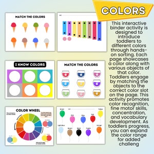 May include: A printable set of color matching activities for toddlers. The pages feature images of ice cream cones, glasses, balloons, and a xylophone. The text "MATCH THE COLORS", "I KNOW COLORS", and "COLOR WHEEL" is included on the pages.