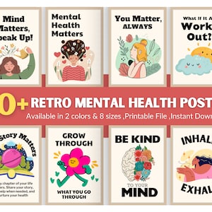 Retro Mental Health Posters| Set of 50+ Prints |Therapy| Counseling Office Decor| Trendy Aesthetic Printable Wall Art