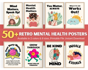 Retro Poster zur psychischen Gesundheit | Set von 50+ Drucke |Therapy| Beratung Büro Dekor | Trendige ästhetische druckbare Kunst