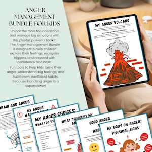 Pu&ograve; includere: Un "Pacchetto di gestione della rabbia per bambini" con materiali didattici. Un tablet mostra un diagramma del vulcano, mentre altre pagine riguardano i fattori scatenanti della rabbia, le scelte e i segni fisici. Il pacchetto mira ad aiutare i bambini a comprendere e gestire le emozioni.