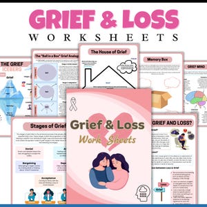 May include: A set of printable worksheets designed to help individuals process grief and loss. The worksheets feature colourful illustrations and activities. The worksheets include titles such as "The Grief Iceberg", "The Ball in a Box Grief Analog", "The House of Grief", "Memory Box", "Grief Mind", "Stages of Grief", and "Grief and Loss".