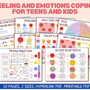 Gevoelens emoties copingvaardigheden bundelset voor tieners kinderen 10 pagina's, sociaal emotioneel leren kinderen afdrukken, lijstwieldiagram afdrukbare pdf