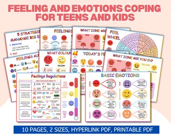 Feelings Emotions Coping Skills Bundle Set for Teens Kids 10 pgs, Social Emotional Learning Children Prints, List Wheel Chart Printable PDF