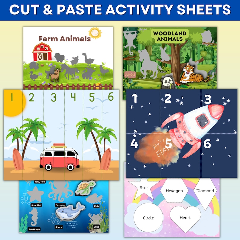 May include: A set of six printable cut and paste activity sheets for kids. The sheets feature farm animals, woodland animals, a beach scene with a van, a rocket ship, and shapes. Each sheet has numbered squares for the child to cut out and paste in the correct order.