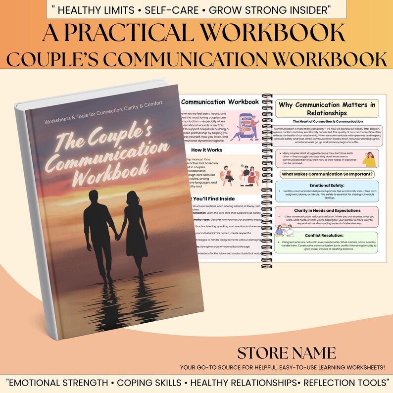 May include: A workbook titled "The Couple's Communication Workbook" with a cover image of a couple walking towards the sunset. The book includes worksheets and tools for connection, clarity, and comfort. Additional text on the image includes "Healthy Limits" and "Emotional Strength".