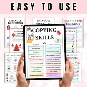 May include: A tablet displays a guide titled "Copying Skills" with sections on healthy vs. unhealthy coping mechanisms. The image includes text on breathing techniques and managing trauma, with colorful illustrations and diagrams.