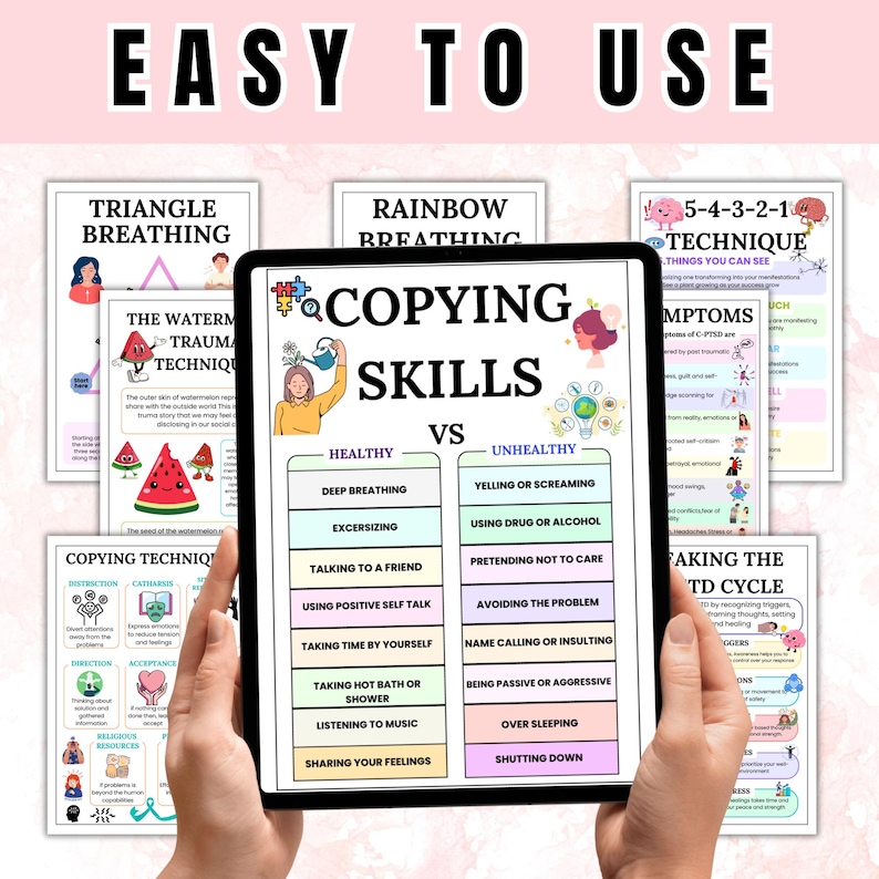 May include: A tablet displays a guide titled "Copying Skills" with sections on healthy vs. unhealthy coping mechanisms. The image includes text on breathing techniques and managing trauma, with colorful illustrations and diagrams.