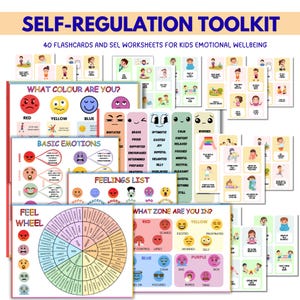 Peut inclure: Un kit d'outils d'autorégulation pour enfants, comprenant des fiches et des feuilles de travail. L'image présente des cartes colorées avec du texte tel que « De quelle couleur êtes-vous ? » et « Émotions de base ». Le kit vise le bien-être émotionnel des enfants.