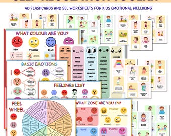 以下が含まれることがあります： 子供向けの自己調整ツールキットで、フラッシュカードとワークシートが含まれています。画像には、「あなたは何色ですか？」や「基本的な感情」などのテキストが書かれたカラフルなカードが表示されています。このツールキットは、子供たちの感情的な健康をサポートすることを目的としています。