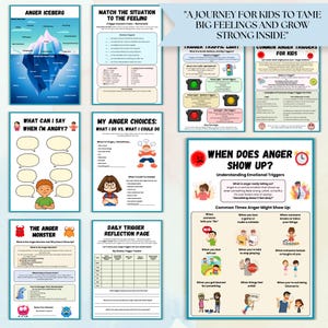 Pu&ograve; includere: Una raccolta di fogli di lavoro educativi per bambini, progettati per aiutarli a comprendere e gestire le proprie emozioni. Le pagine presentano illustrazioni e testo colorati, che trattano argomenti come la gestione della rabbia e i fattori scatenanti emotivi.