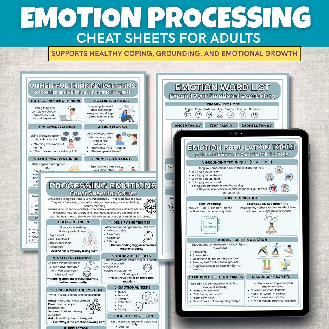 Emotion Processing Cheat Sheets for Adults | Counseling Tool Printable ...