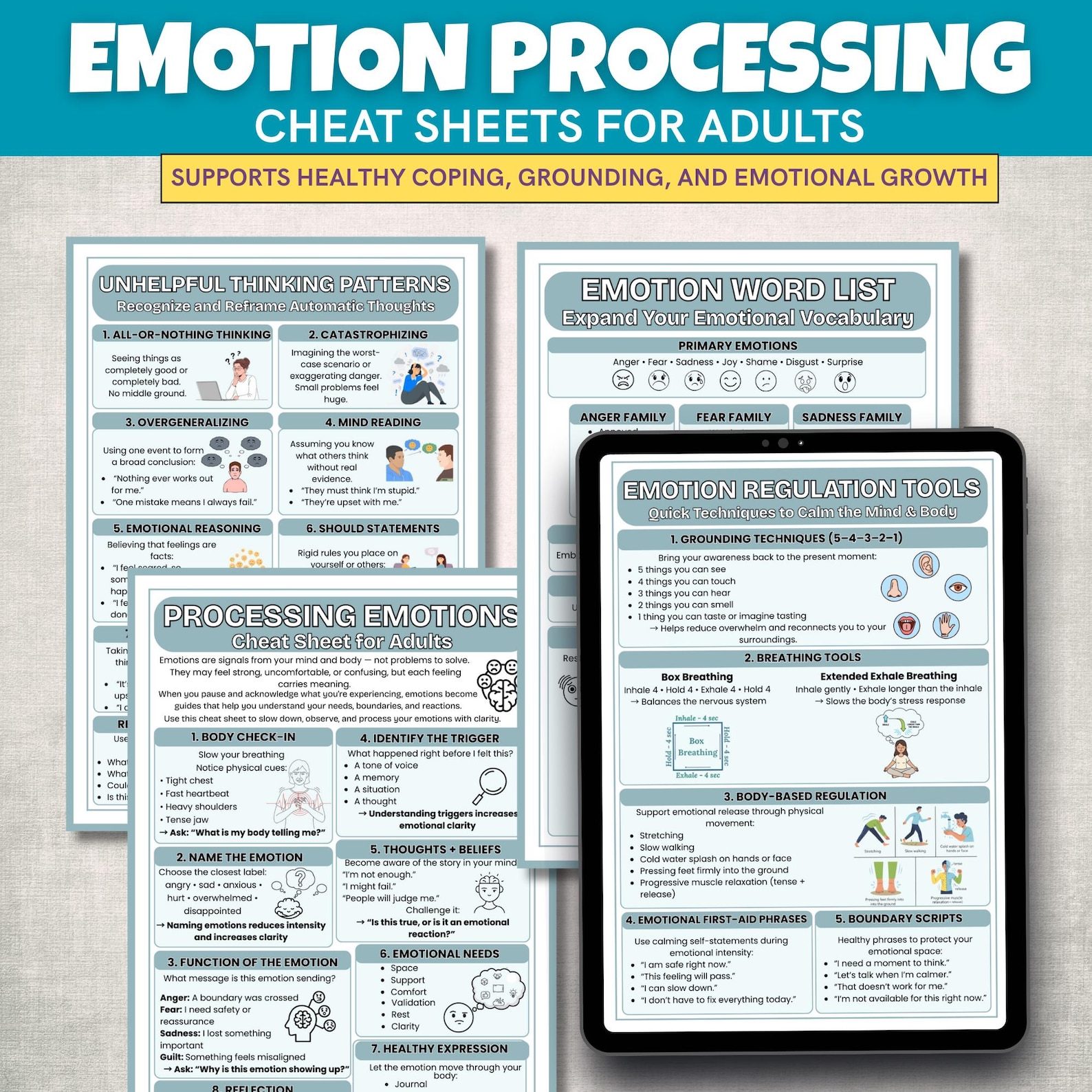 Emotion Processing Cheat Sheets for Adults | Counseling Tool Printable ...