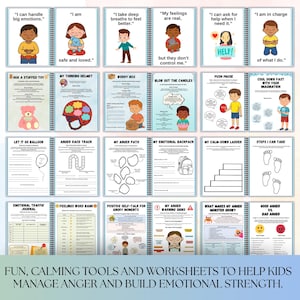 Pu&ograve; includere: Una raccolta di quaderni di lavoro e strumenti rilegati a spirale progettati per aiutare i bambini a gestire la rabbia e costruire la forza emotiva. Ogni pagina presenta illustrazioni colorate e testo, con titoli come "Il mio zaino emotivo".