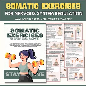 Op de afbeelding: Digitaal en printbaar A4-formaat bundel getiteld "Somatische Oefeningen voor Zenuwstelselregulatie". De afbeelding toont een vrouw die gele dumbbells optilt, met de tekst "Stay Active". De bundel bevat oefengidsen.