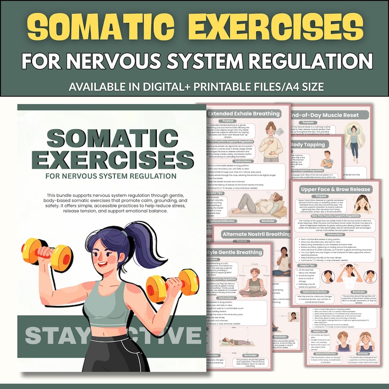 Op de afbeelding: Digitaal en printbaar A4-formaat bundel getiteld "Somatische Oefeningen voor Zenuwstelselregulatie". De afbeelding toont een vrouw die gele dumbbells optilt, met de tekst "Stay Active". De bundel bevat oefengidsen.