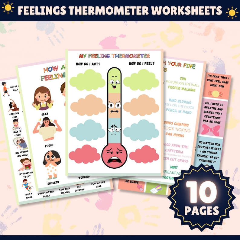 May include: A set of 10 printable worksheets for children to learn about feelings. The worksheets feature a thermometer with different facial expressions and activities to help children identify and express their emotions. The text on the worksheets includes "My Feeling Thermometer", "How Do I Act?", "How Do I Feel?", "How A Feeling", "Your Five", and "10 Pages".
