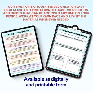 May include: Two printable worksheets for self-compassion and taming your inner critic. The worksheets are designed to help you manage negative thoughts and build self-compassion. The worksheets are available in digital and printable formats.