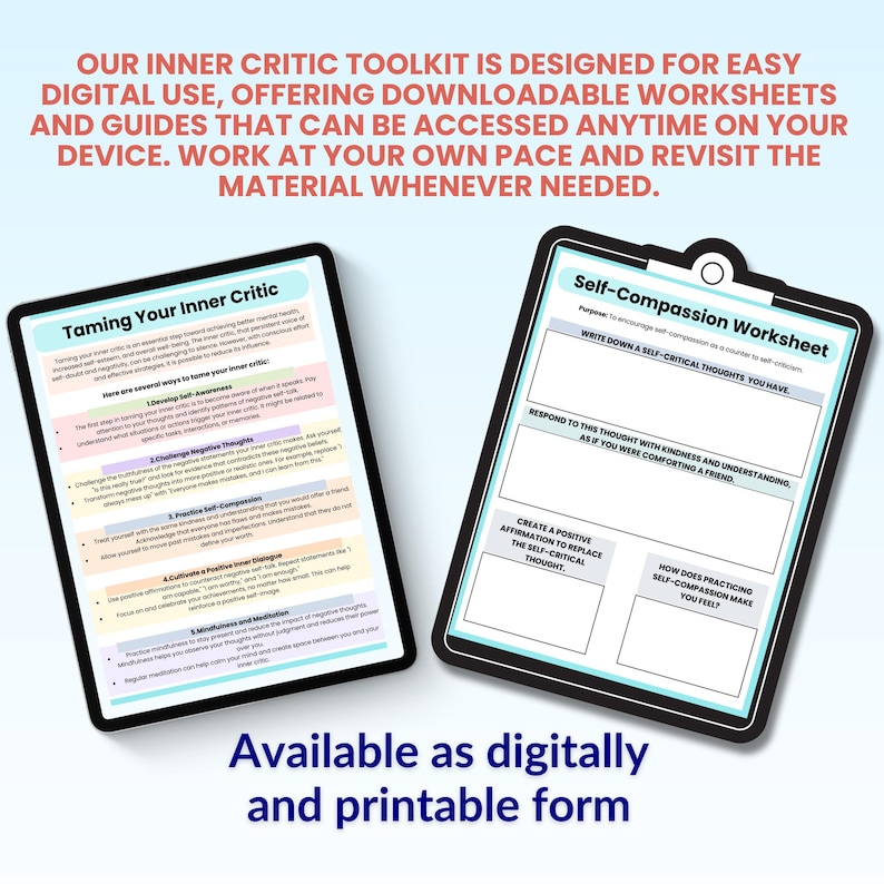 May include: Two printable worksheets for self-compassion and taming your inner critic. The worksheets are designed to help you manage negative thoughts and build self-compassion. The worksheets are available in digital and printable formats.