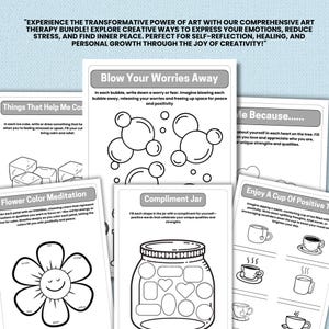 May include: Black and white printable coloring pages with prompts for self-reflection and mindfulness. The pages include activities like drawing ice cubes, blowing bubbles, filling a jar with compliments, and drawing hearts on a tree. The text on the pages includes phrases like "Things That Help Me Cool Down", "Blow Your Worries Away", "Me Because...", "Compliment Jar", and "Enjoy A Cup Of Positive Tea".