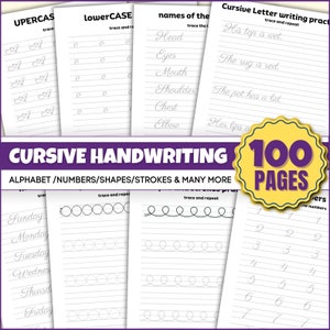 Cursieve handschriftpraktijk-werkbladen voor kinderen, afdrukbare cursieve alfabetlettertracing, 100 pagina's cursief schrijven, maat - US PDF