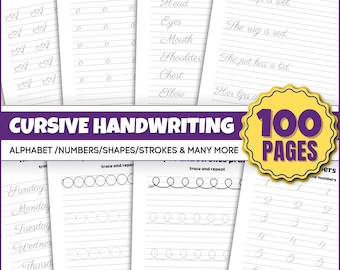 Cursive Handwriting Practice Worksheets for Kids, Printable Cursive Alphabet Letter Tracing, 100Pages of Cursive Writing, size- US  PDF