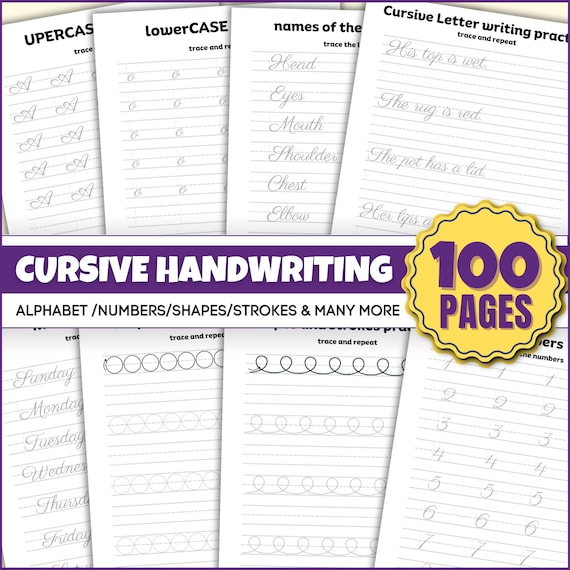 Cursive Handwriting Practice Worksheets for Kids, Printable Cursive Alphabet Letter Tracing, 100Pages of Cursive Writing, size- US  PDF