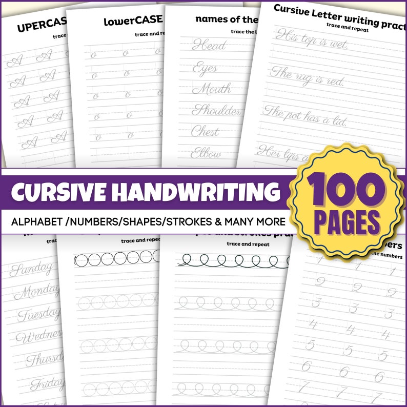 Cursive Handwriting Practice Worksheets for Kids, Printable Cursive Alphabet Letter Tracing, 100Pages of Cursive Writing, size US PDF image 1