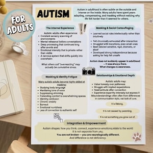 May include: A printed informational poster titled "Autism" for adults. The poster includes text about the internal experience, masking, identity fatigue, and relationships. The poster has a light background with blue and white text.