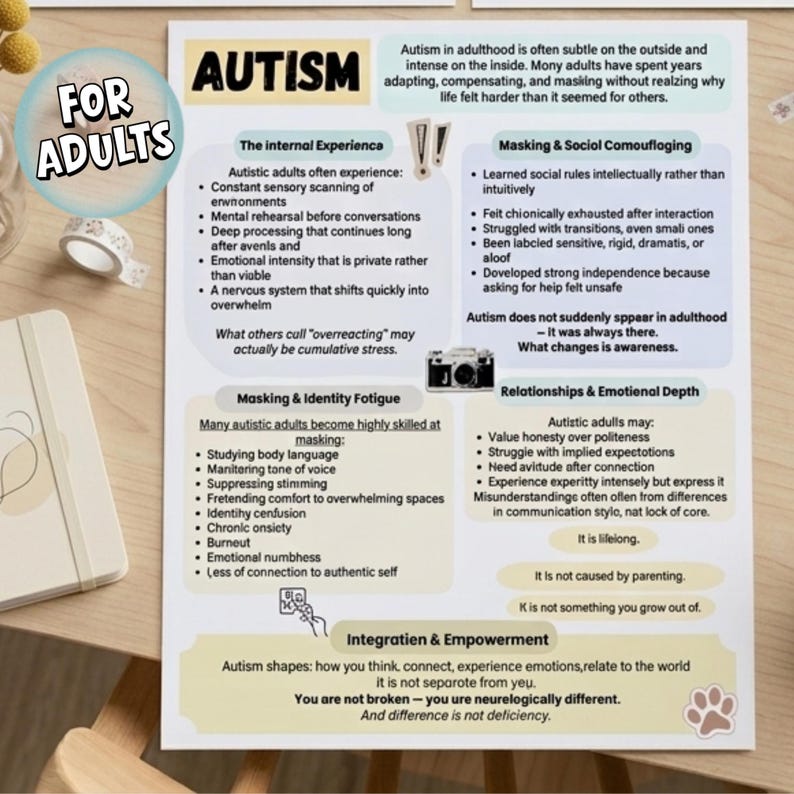May include: A printed informational poster titled "Autism" for adults. The poster includes text about the internal experience, masking, identity fatigue, and relationships. The poster has a light background with blue and white text.