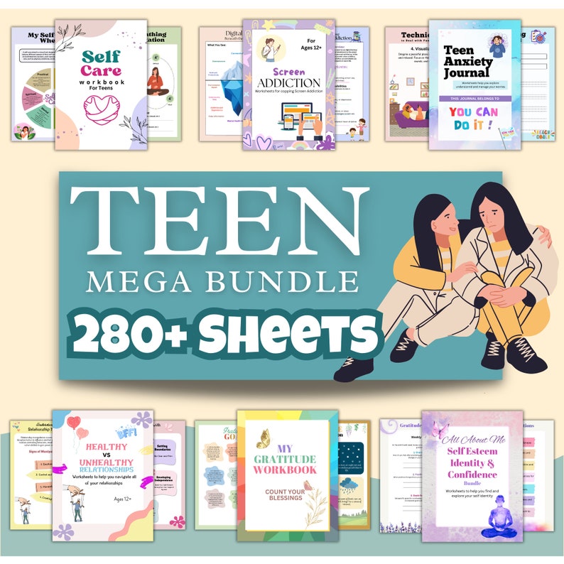 May include: A colorful digital download bundle for teens with over 280 pages of worksheets and activities. The bundle includes topics such as self-care, screen addiction, anxiety, healthy relationships, gratitude, and self-esteem. The text "TEEN MEGA BUNDLE 280+ SHEETS" is displayed in large, bold letters.