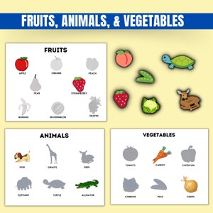 May include: A colorful educational chart with illustrations of fruits, animals, and vegetables. The chart includes images of an apple, orange, peach, pear, strawberry, banana, grapes, watermelon, dog, giraffe, deer, elephant, turtle, alligator, tomato, carrot, capsicum, cabbage, peas, and onion.
