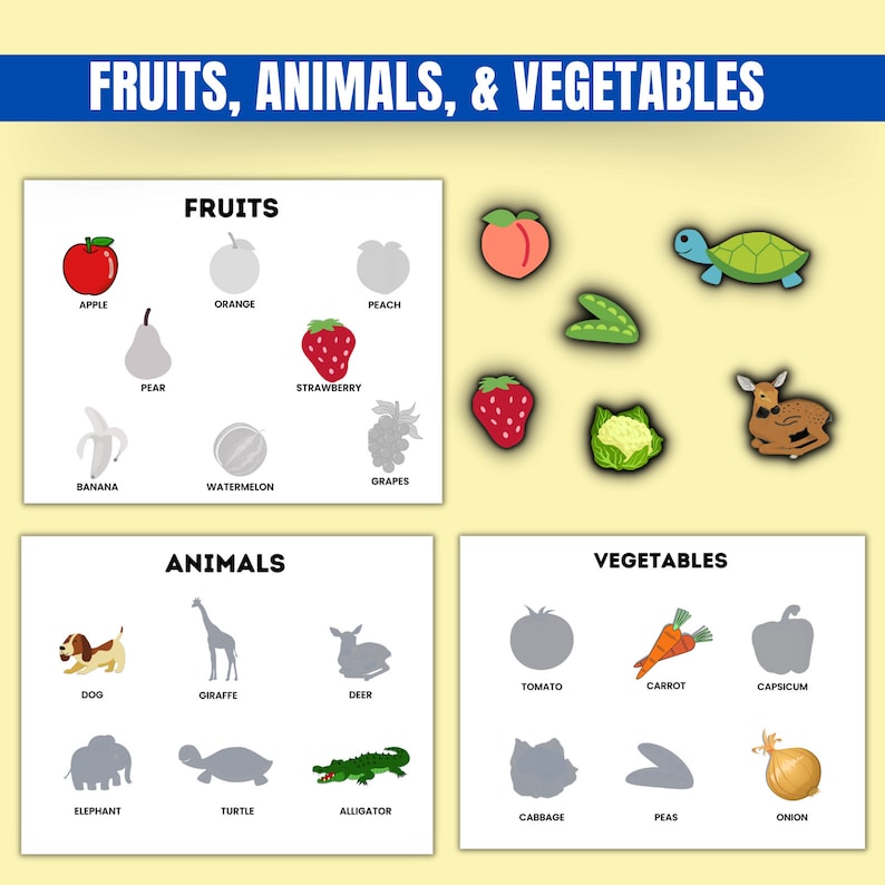 May include: A colorful educational chart with illustrations of fruits, animals, and vegetables. The chart includes images of an apple, orange, peach, pear, strawberry, banana, grapes, watermelon, dog, giraffe, deer, elephant, turtle, alligator, tomato, carrot, capsicum, cabbage, peas, and onion.