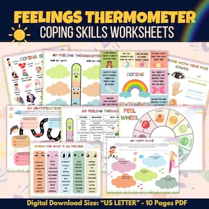 Feelings Thermometer Worksheets 10pages | Therapy Worksheets | Mental Health Tools | Anxiety Tools | Emotional Awareness | Digital Download