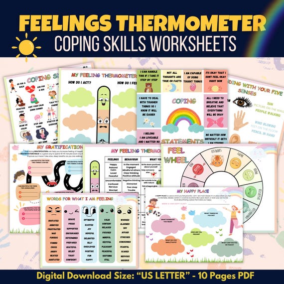 Feelings Thermometer Worksheets 10pages | Therapy Worksheets | Mental Health Tools | Anxiety Tools | Emotional Awareness | Digital Download