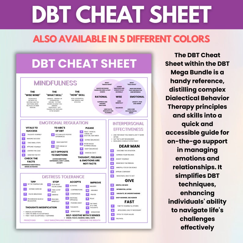 Puede incluir: Una hoja de trucos DBT de color morado y rosa con el texto "DBT Cheat Sheet" en letras blancas grandes en la parte superior. La hoja de trucos es una gu&iacute;a para gestionar las emociones y las relaciones. Incluye secciones sobre mindfulness, regulaci&oacute;n emocional, efectividad interpersonal, tolerancia a la angustia y modificaci&oacute;n de pensamientos.