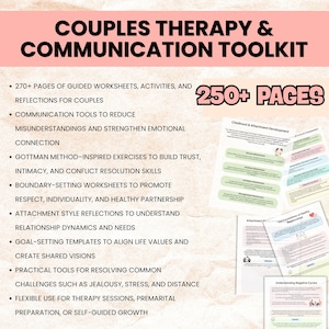 Puede incluir: Un kit de herramientas para terapia de pareja y comunicaci&oacute;n. La imagen presenta el t&iacute;tulo "Couples Therapy & Communication Toolkit" con una lista de caracter&iacute;sticas, incluyendo hojas de trabajo y ejercicios. La imagen tambi&eacute;n muestra una pila de p&aacute;ginas impresas con t&iacute;tulos como "Childhood & Attachment Development".