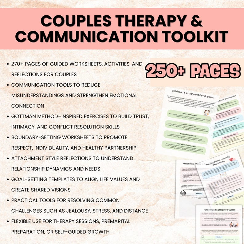 Puede incluir: Un kit de herramientas para terapia de pareja y comunicaci&oacute;n. La imagen presenta el t&iacute;tulo "Couples Therapy & Communication Toolkit" con una lista de caracter&iacute;sticas, incluyendo hojas de trabajo y ejercicios. La imagen tambi&eacute;n muestra una pila de p&aacute;ginas impresas con t&iacute;tulos como "Childhood & Attachment Development".