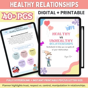 Puede incluir: Un paquete de hojas de trabajo digital e imprimible para mayores de 12 años sobre relaciones saludables vs. relaciones poco saludables. La portada presenta un títere con cuerdas atadas a sus brazos, que representan relaciones poco saludables, y el texto "Relaciones saludables vs. relaciones poco saludables". También se incluye el texto "Hojas de trabajo para ayudarte a navegar por todas tus relaciones". La portada es rosa y blanca con un diseño de corazón y flor.