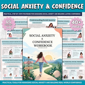 Pode incluir: Um caderno de exercícios sobre ansiedade social e confiança para adolescentes e adultos, com mais de 40 páginas no formato carta dos EUA. A capa mostra uma pessoa caminhando em um caminho em direção ao nascer do sol com o título e textos.