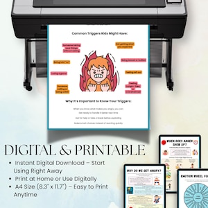 Pu&ograve; includere: Un documento digitale e stampabile in formato A4 (21 x 29,7 cm) con il testo "Common Triggers Kids Might Have" e "Why It's Important to Know Your Triggers". Il documento viene stampato da una stampante. Il documento include una grafica di un bambino circondato dalle fiamme.