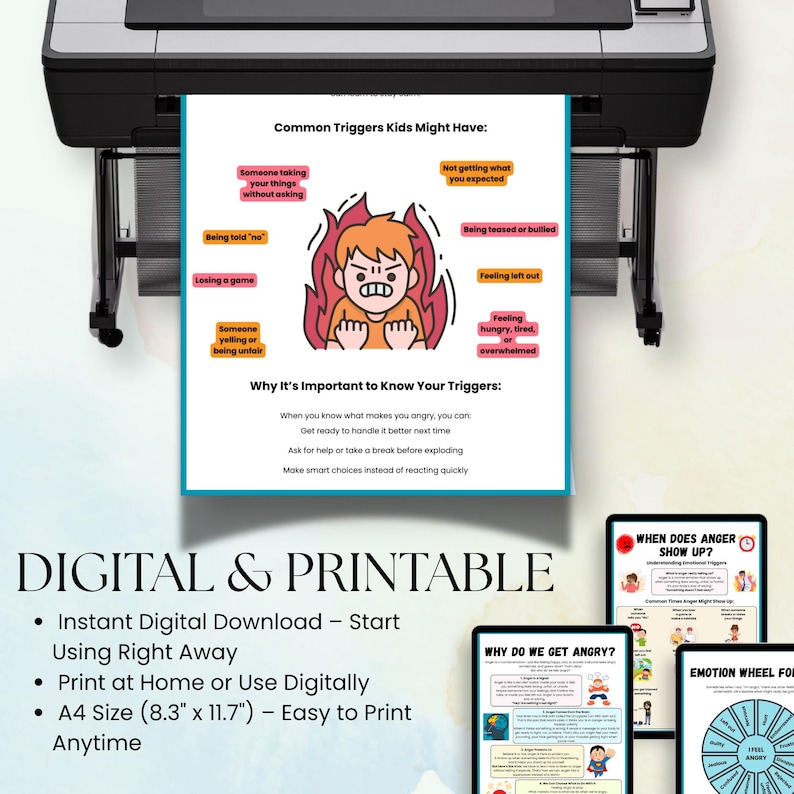 Pu&ograve; includere: Un documento digitale e stampabile in formato A4 (21 x 29,7 cm) con il testo "Common Triggers Kids Might Have" e "Why It's Important to Know Your Triggers". Il documento viene stampato da una stampante. Il documento include una grafica di un bambino circondato dalle fiamme.