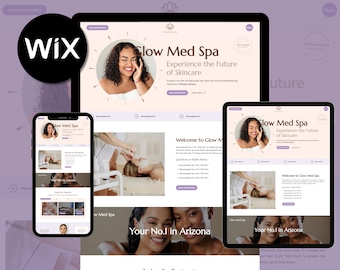May include: Website screenshot showing the homepage of Glow Med Spa, a spa in Arizona. The website features a pink and white color scheme with images of people receiving spa treatments. The text "Glow Med Spa" is displayed in a large font at the top of the page, and the tagline "Experience the Future of Skincare" is displayed below it. The website also includes a call to action button that says "Learn More".