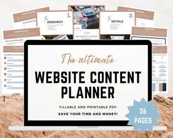May include: A laptop computer displaying a digital planner for website content. The planner is titled "The ultimate website content planner" and is described as "fillable and printable PDF, save your time and money!" The planner has 26 pages.