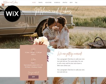 May include: A wedding invitation with a floral design. The invitation includes the date, time, and location of the wedding. The text on the invitation reads "We are getting married!" and includes a paragraph about the couple.