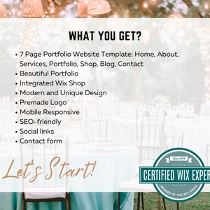 Puede incluir: Un cuadro de texto blanco con las palabras "WHAT YOU GET?" y una lista de caracter&iacute;sticas para una plantilla de sitio web de cartera de 7 p&aacute;ginas. El cuadro de texto est&aacute; delante de una imagen borrosa de una recepci&oacute;n de boda con manteles y sillas blancas. El cuadro de texto tambi&eacute;n incluye las palabras "Let's Start!" y "CERTIFIED WIX EXPERT".