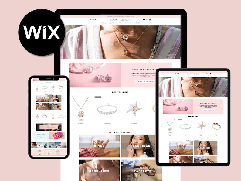 Enhance your online presence with our pink wix jewelry template! Perfect for the wix store, this custom design features a sleek layout optimized for mobile and desktop. Showcase your products beautifully with our seo-friendly wix template.