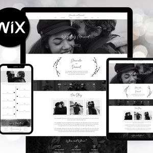 May include: A black and white wedding website with a countdown timer, photos of the couple, and the text "We're getting married!" and "Daniela and Samuel".