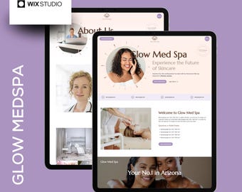 May include: Website screenshot of Glow Med Spa, a spa in Arizona. The website features a pink and white color scheme with images of people receiving spa treatments. The text on the website reads "Glow Med Spa", "Experience the Future of Skincare", "Welcome to Glow Med Spa", and "Your No.1 in Arizona".