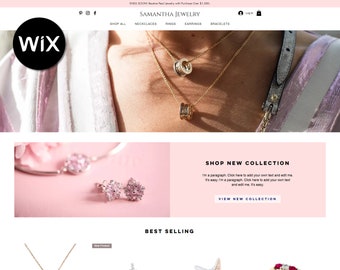 May include: A website homepage for Samantha Jewelry featuring a close-up of a woman wearing two gold necklaces with circular pendants. The website also features a pink background with text that says "Shop New Collection" and "Best Selling".