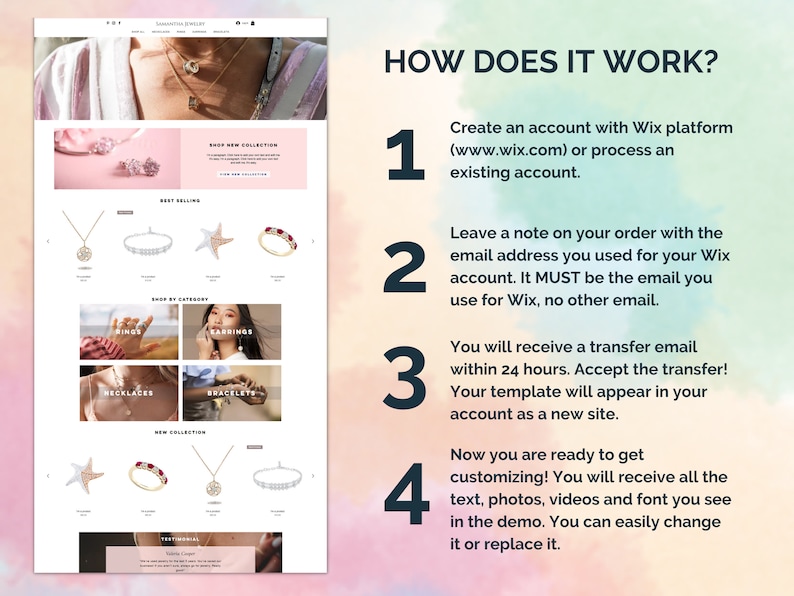 Enhance your online presence with our pink wix jewelry template! Perfect for the wix store, this custom design features a sleek layout optimized for mobile and desktop. Showcase your products beautifully with our seo-friendly wix template.